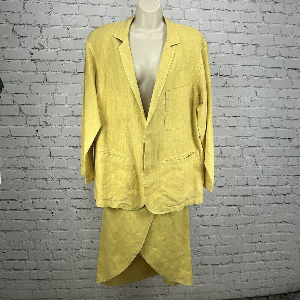 VTG Gene Ewing Bis Yellow Linen Two Piece 70s Skirt Suit Large Jacket XS Skirt